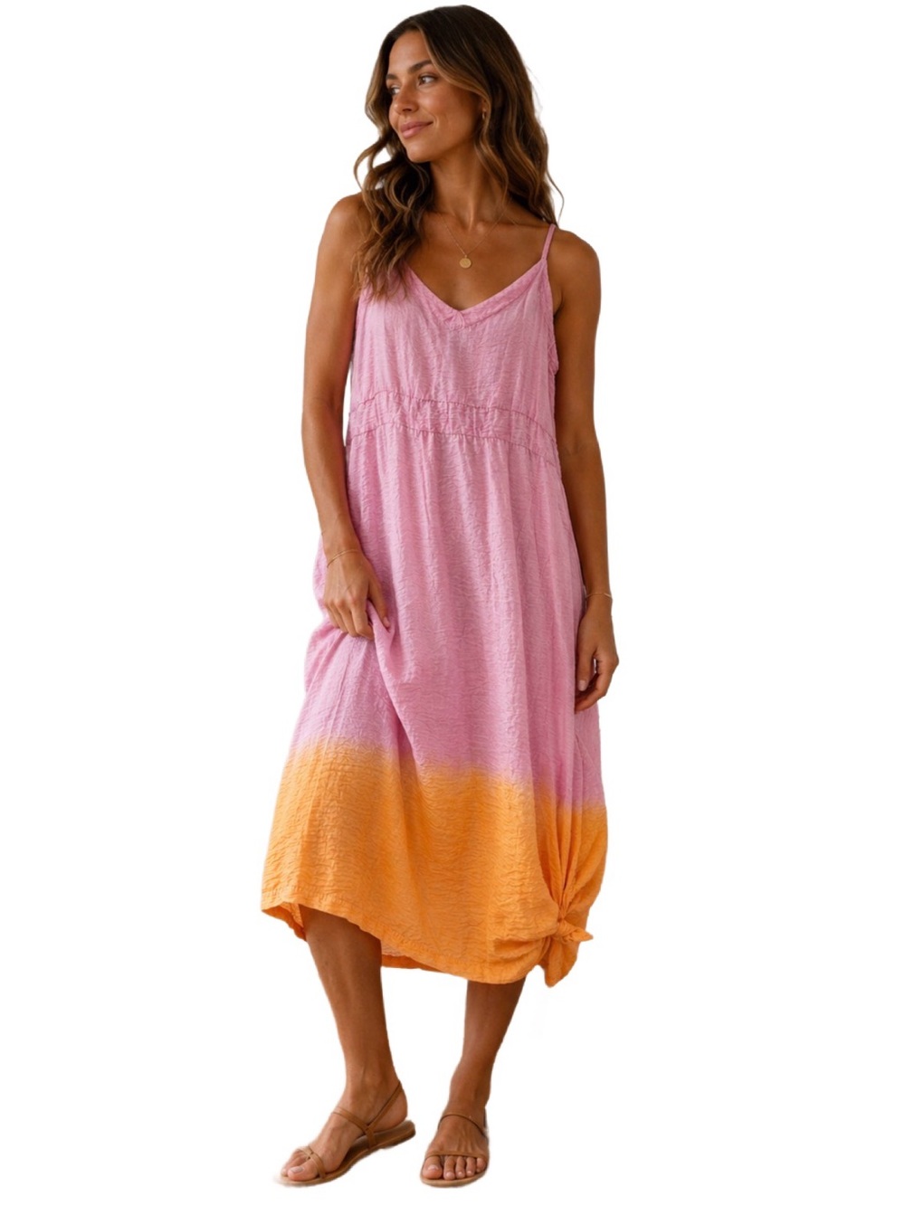 LACAUSA Pink & Orange Ombré Crinkle Midi Dress | Flowy Boho Sundress Slip Dress